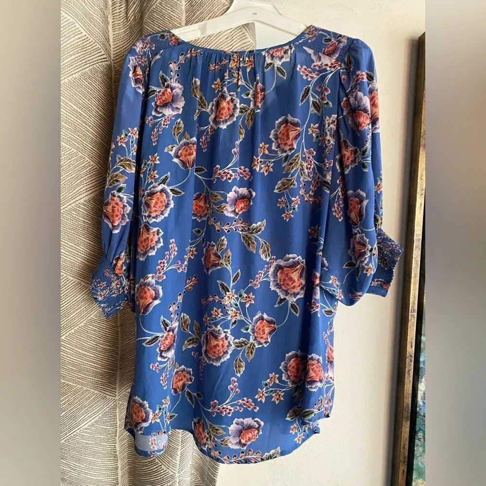 Johnny Was Jade Raine Easy Blouse Silk Blue Floral Puff Sleeve Top Sz S